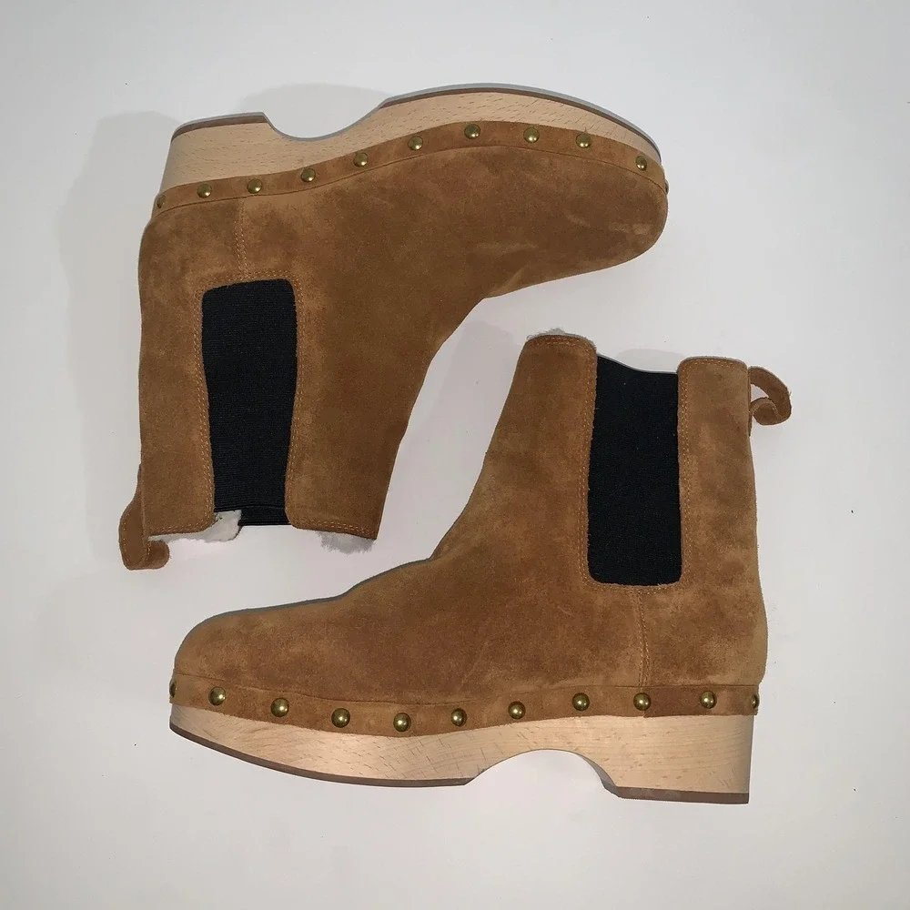 J Crew Ankle Boots Womens Size 9.5 Brown Suede Faux Fur Lined Chelsea Clog BD336